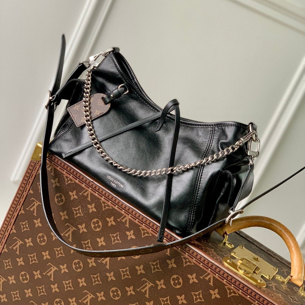Louis Vuitton Carryall Cargo Vibe PM 33.5 in Black Lambskin Brown Monogram Tag Bag