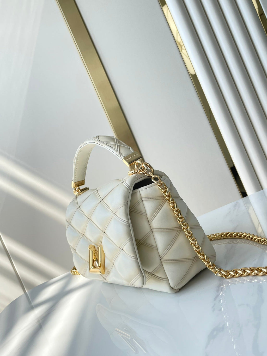 Louis Vuitton GO-14 PM 20 in Cream Quilted Lambskin Gold Hardware Bag