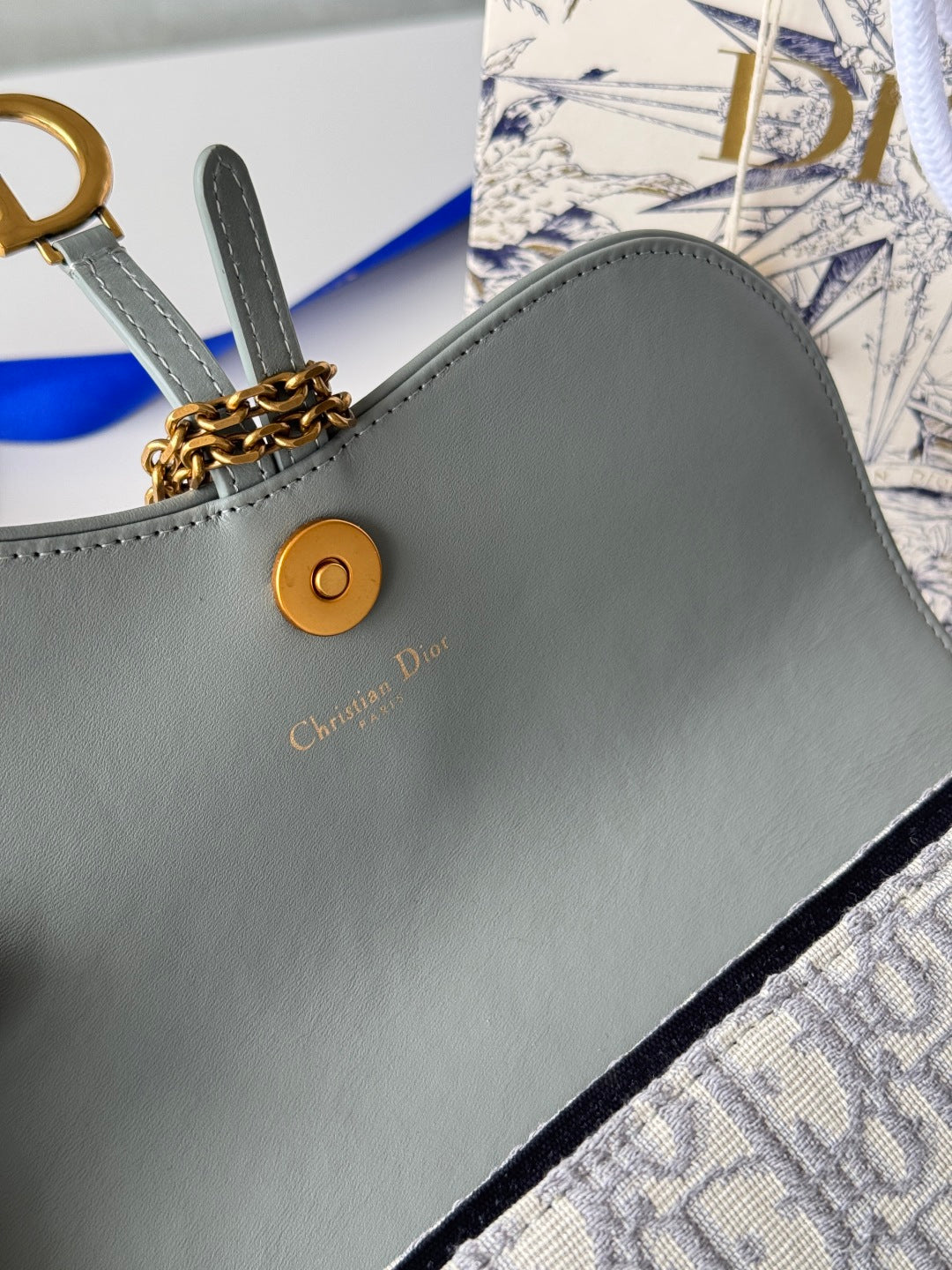 Dior 25S Medium Saddle Pouch with Chain 21 in Gray Dior Oblique Jacquard Canvas