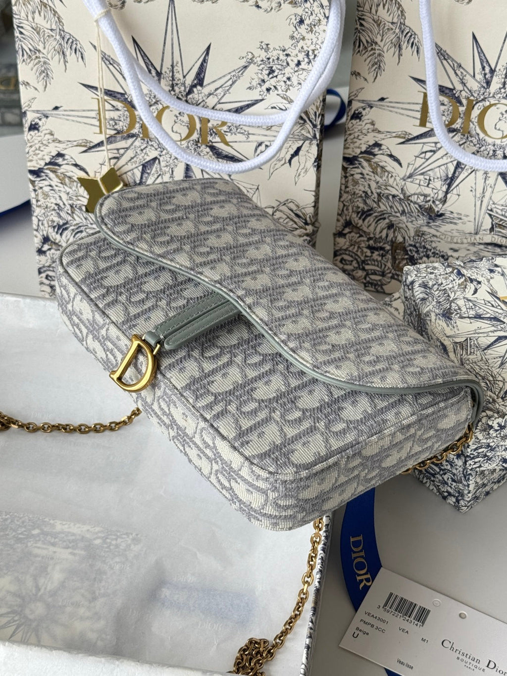 Dior 25S Medium Saddle Pouch with Chain 21 in Gray Dior Oblique Jacquard Canvas