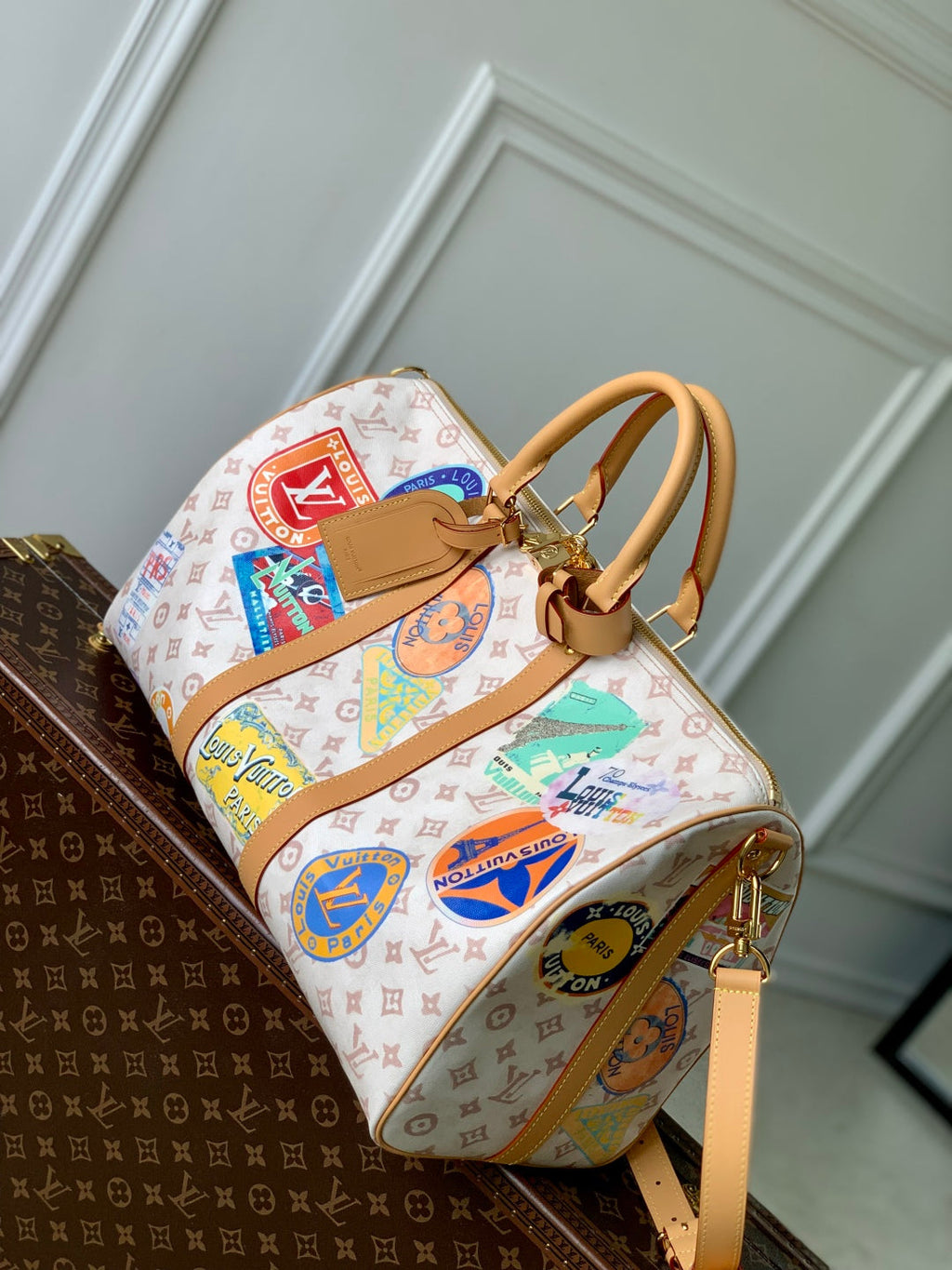 Louis Vuitton Keepall Bandoulière 45 in White Monogram Dune Canvas and Calfskin Bag