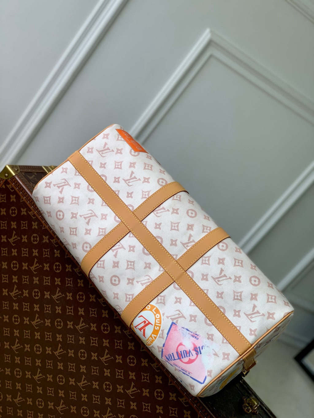 Louis Vuitton Keepall Bandoulière 45 in White Monogram Dune Canvas and Calfskin Bag