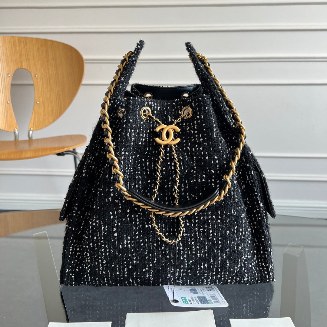 Chanel 25S Hobo Bag 40 in Black Tweed with Gold Hardware