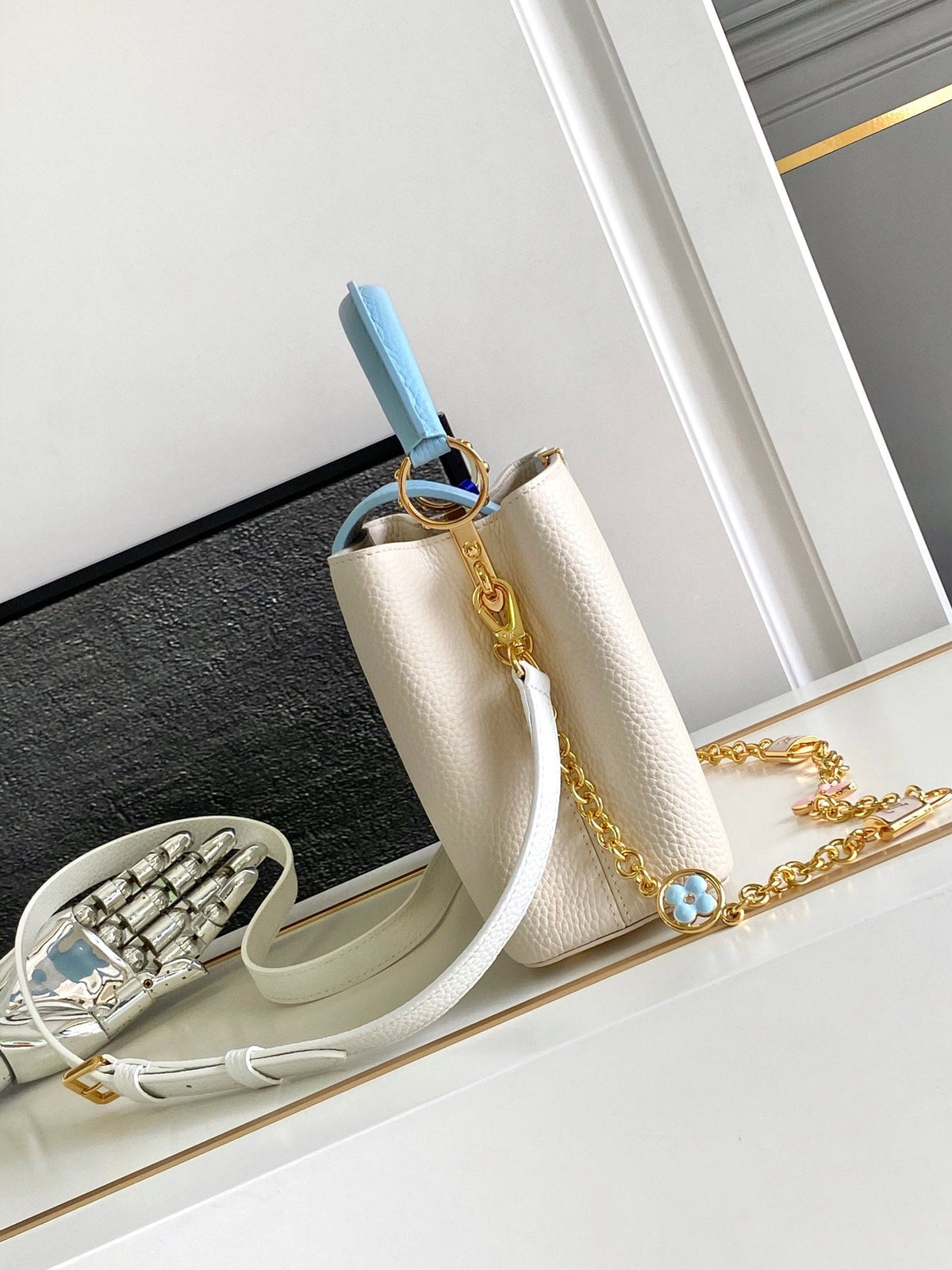 Louis Vuitton Capucines BB 27 in Pearl White Mix Sky Blue Taurillon Gold Hardware Bag