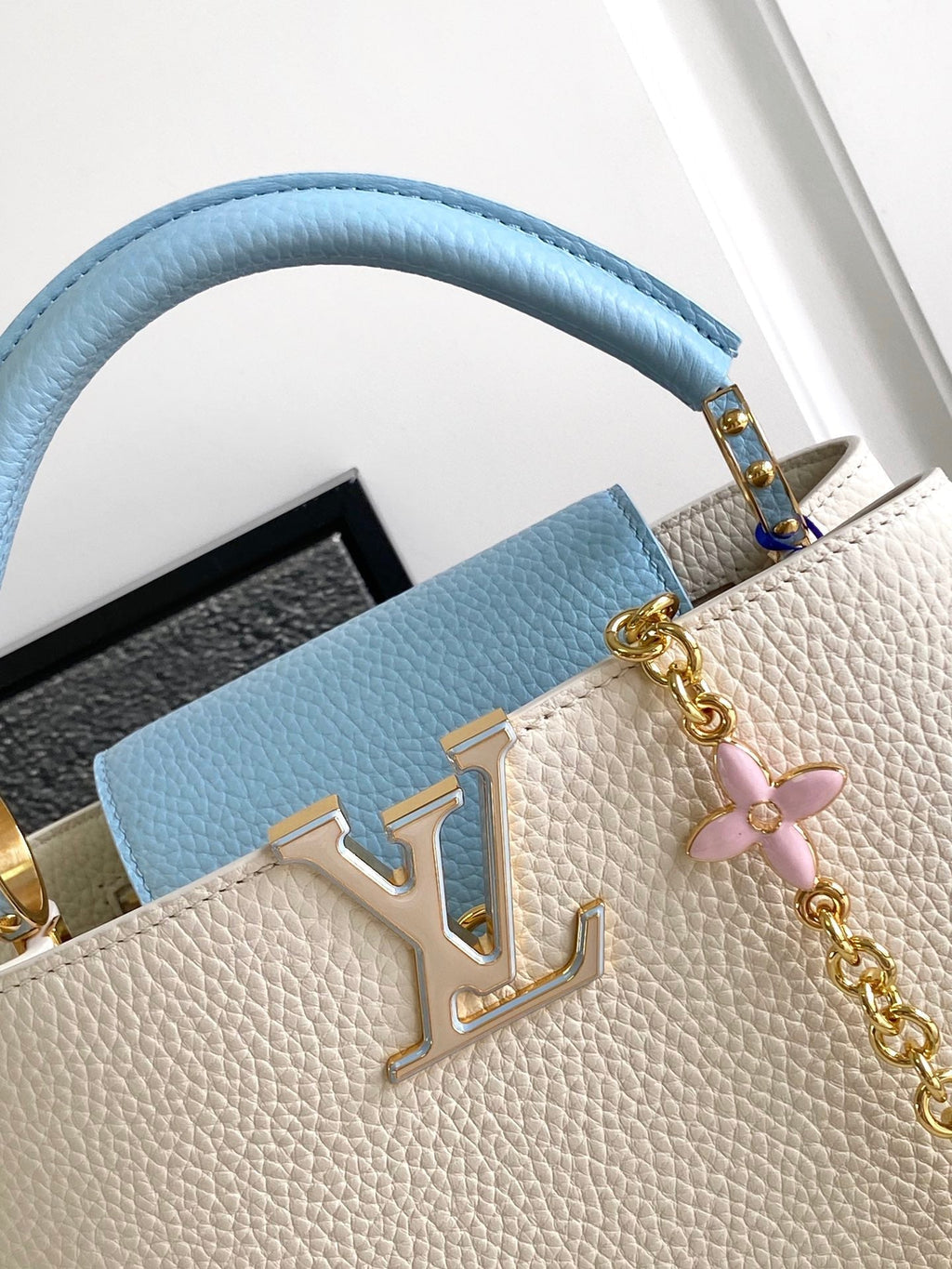 Louis Vuitton Capucines BB 27 in Pearl White Mix Sky Blue Taurillon Gold Hardware Bag