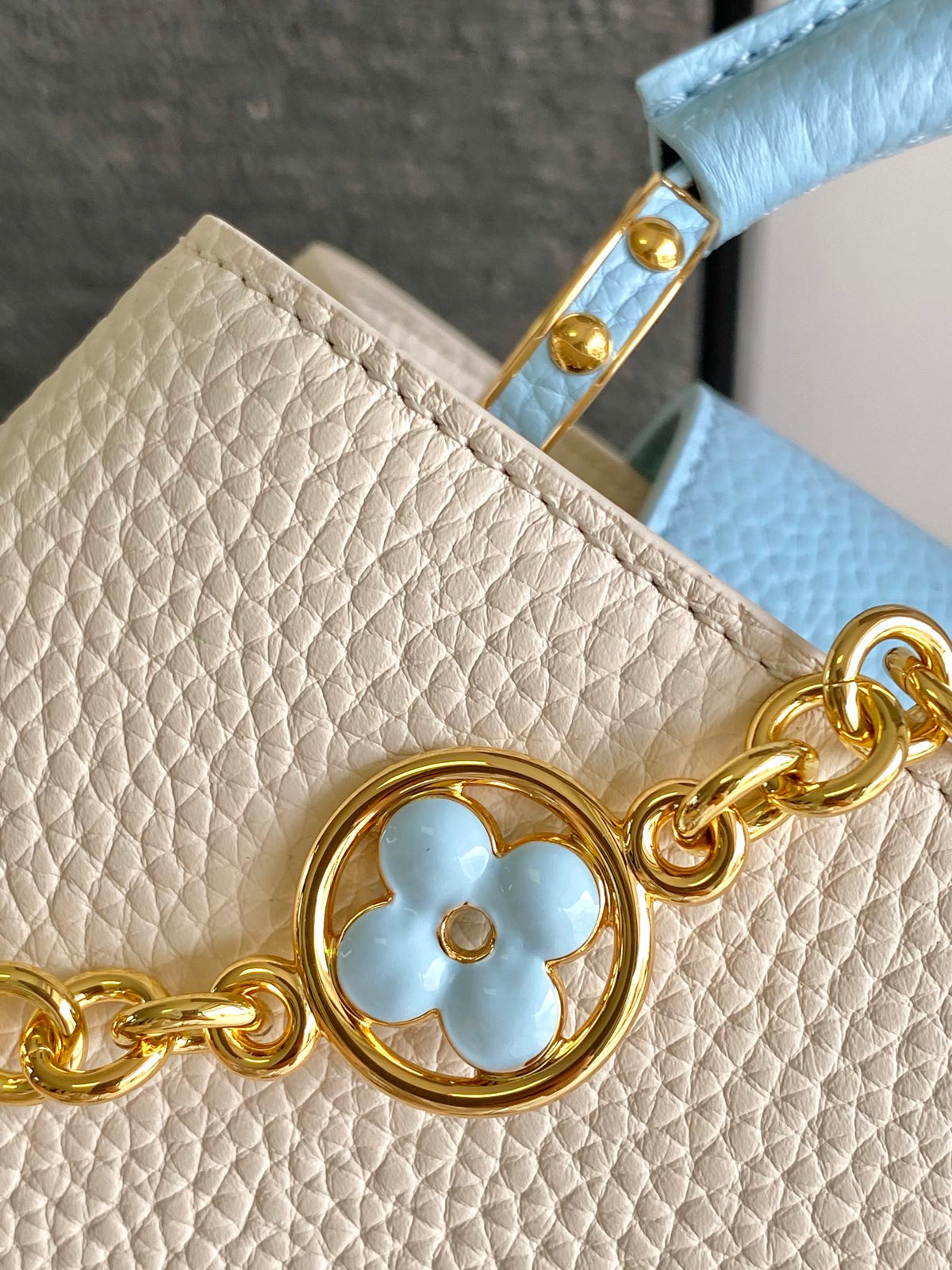 Louis Vuitton Capucines BB 27 in Pearl White Mix Sky Blue Taurillon Gold Hardware Bag