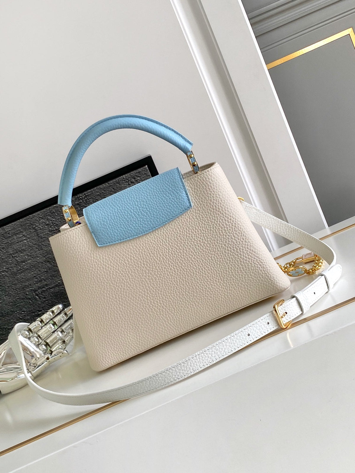 Louis Vuitton Capucines BB 27 in Pearl White Mix Sky Blue Taurillon Gold Hardware Bag