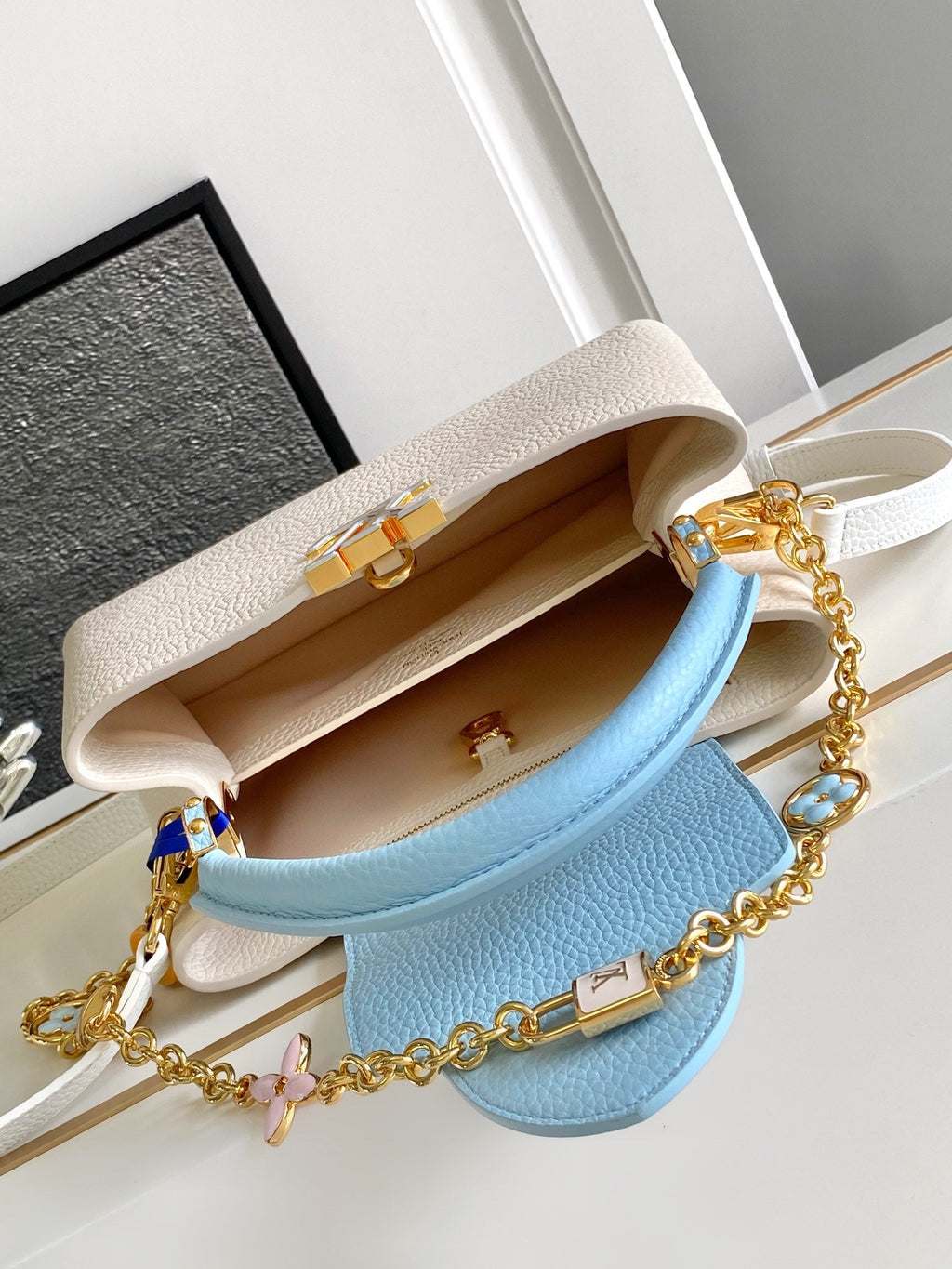 Louis Vuitton Capucines BB 27 in Pearl White Mix Sky Blue Taurillon Gold Hardware Bag