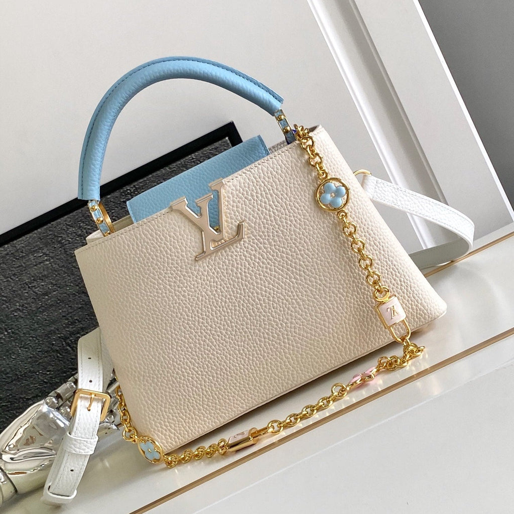 Louis Vuitton Capucines BB 27 in Pearl White Mix Sky Blue Taurillon Gold Hardware Bag