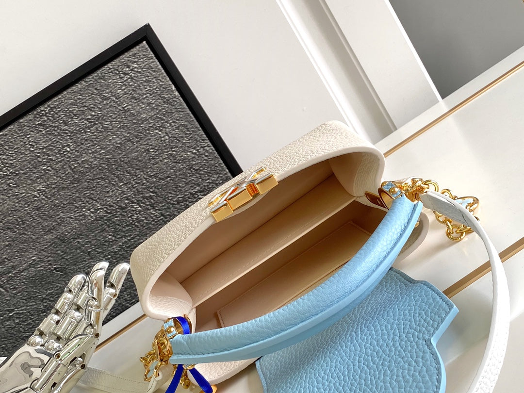Louis Vuitton Capucines Mini 21 in Pearl White Mix Sky Blue Taurillon Gold Hardware Bag