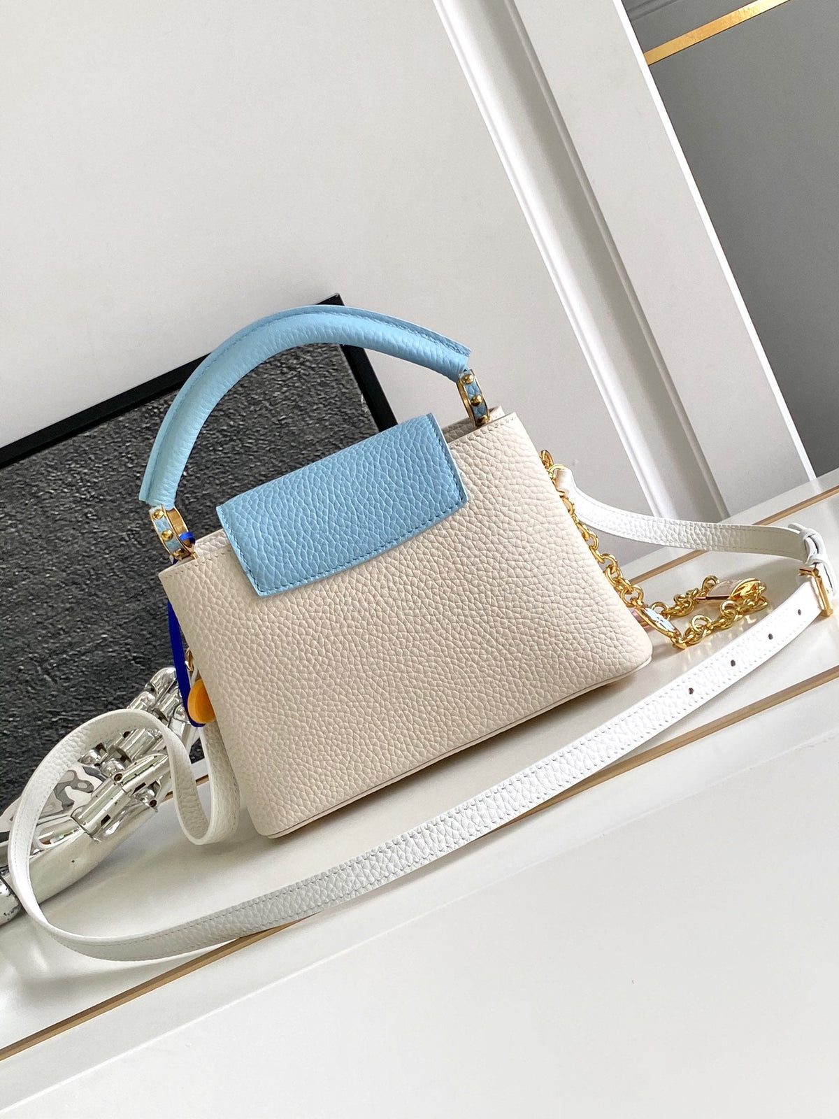 Louis Vuitton Capucines Mini 21 in Pearl White Mix Sky Blue Taurillon Gold Hardware Bag