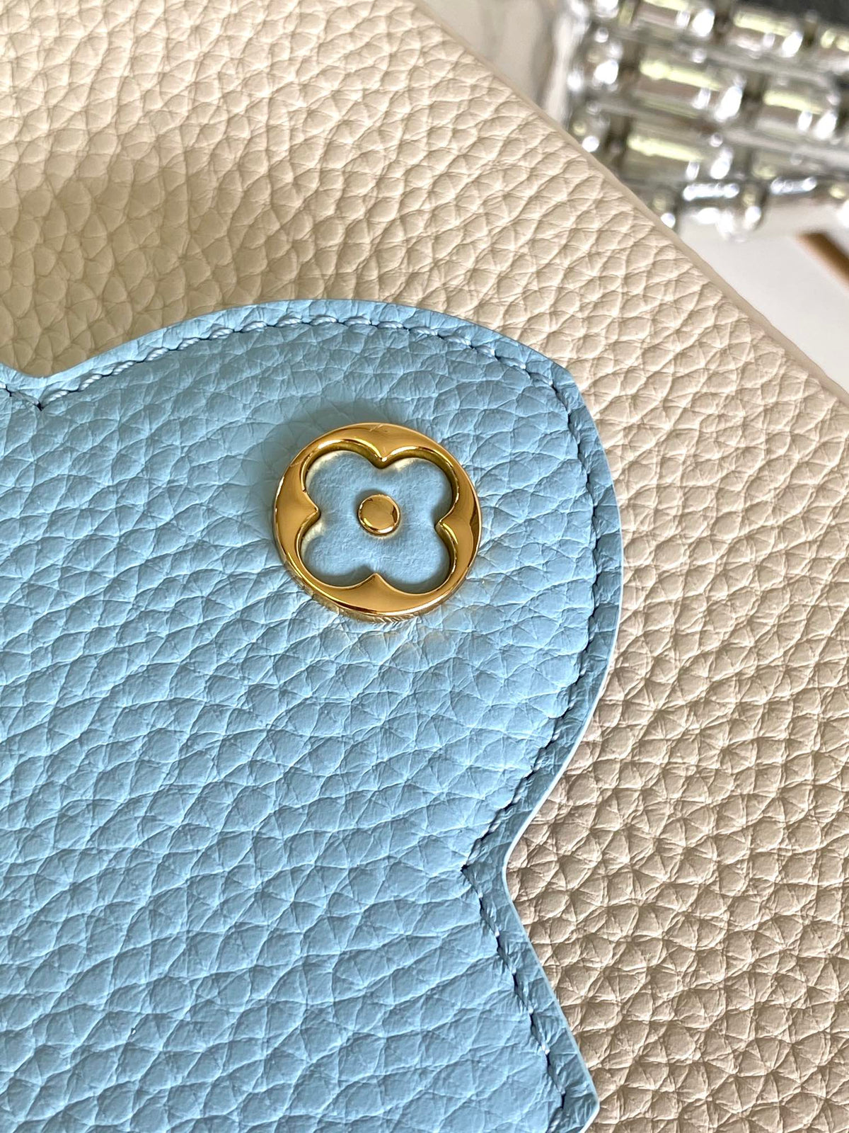 Louis Vuitton Capucines Mini 21 in Pearl White Mix Sky Blue Taurillon Gold Hardware Bag