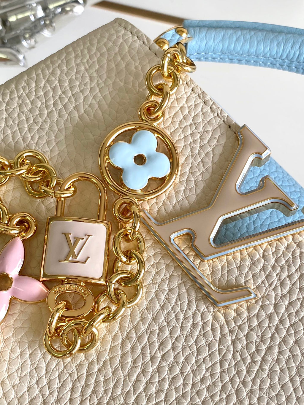 Louis Vuitton Capucines Mini 21 in Pearl White Mix Sky Blue Taurillon Gold Hardware Bag