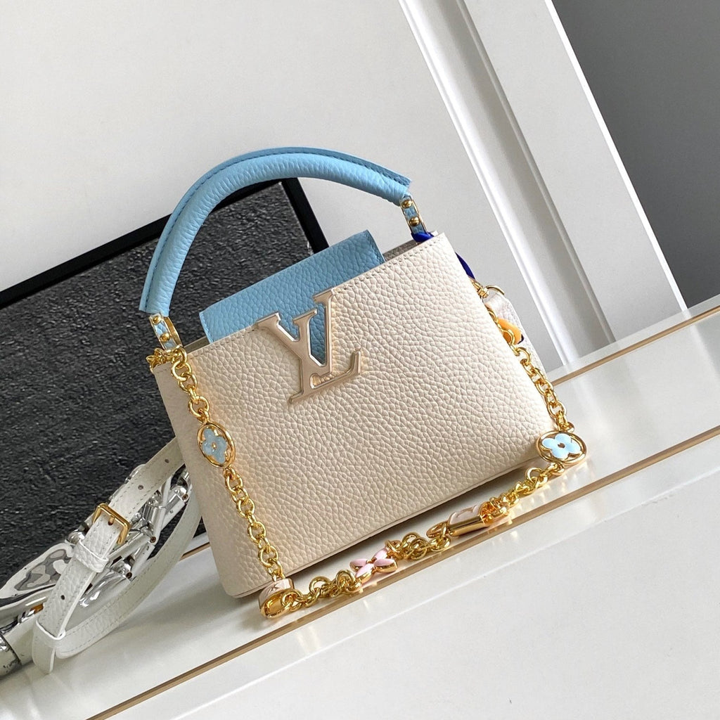 Louis Vuitton Capucines Mini 21 in Pearl White Mix Sky Blue Taurillon Gold Hardware Bag