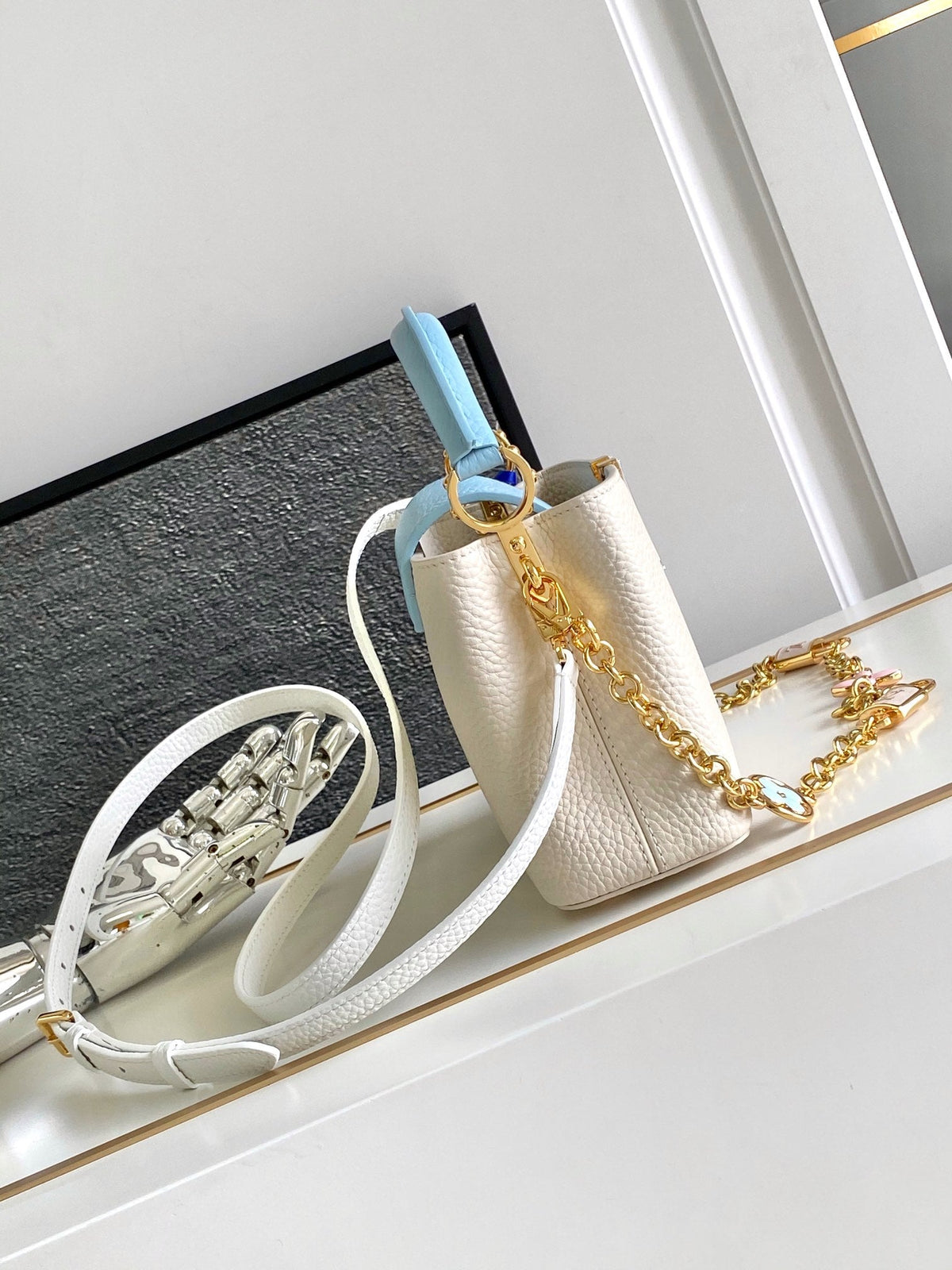 Louis Vuitton Capucines Mini 21 in Pearl White Mix Sky Blue Taurillon Gold Hardware Bag