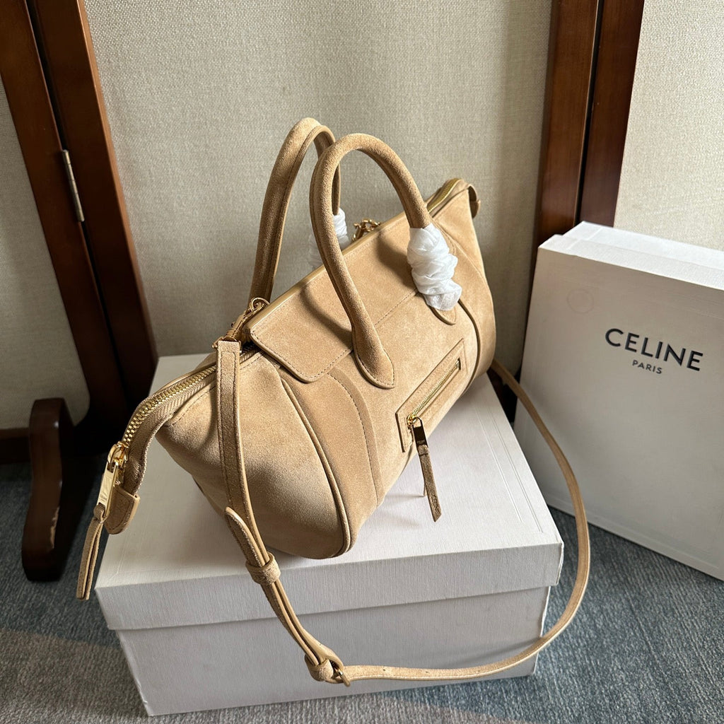 Celine 25S New Luggage 36mm in Beige Suede Gold Hardware Bag