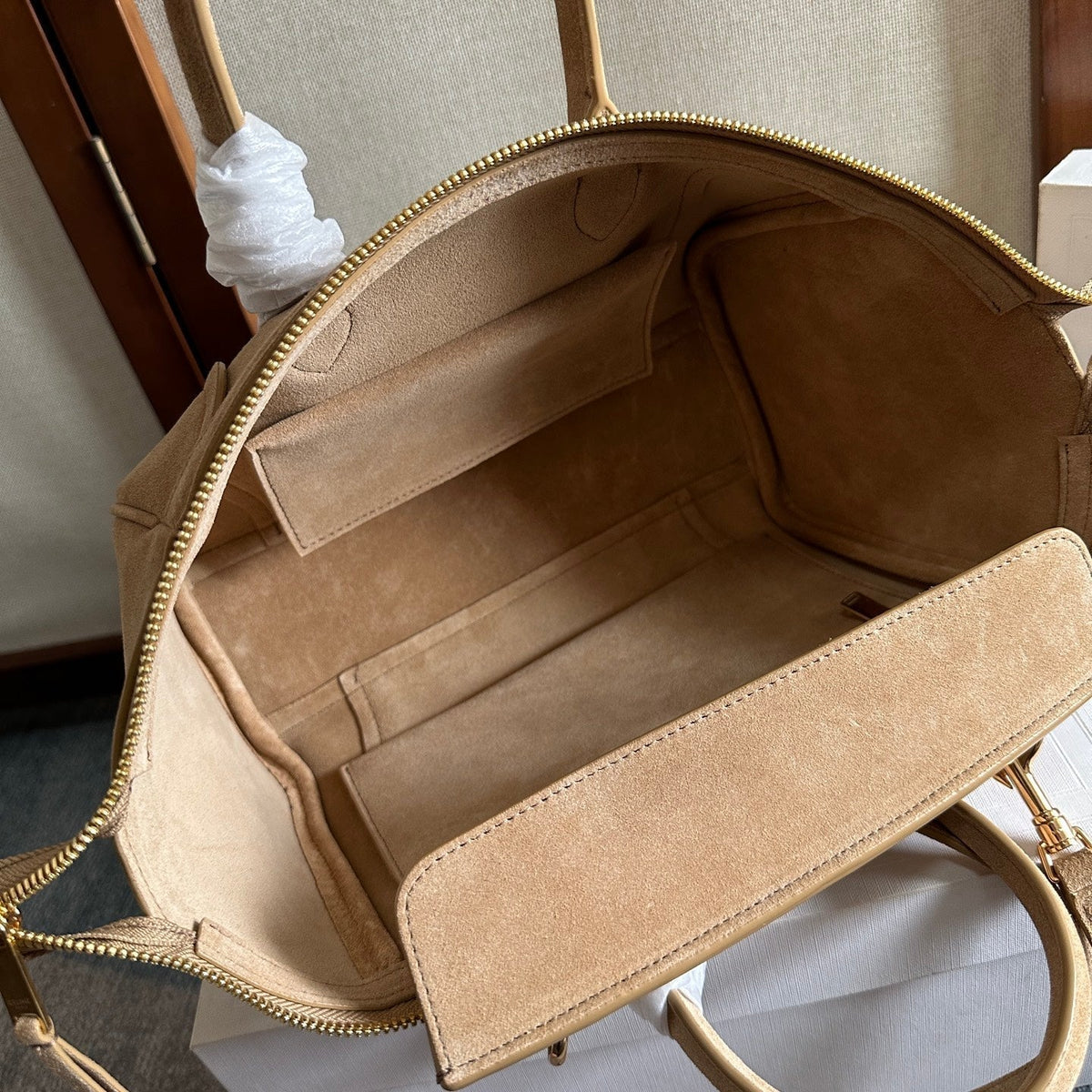 Celine 25S New Luggage 36mm in Beige Suede Gold Hardware Bag