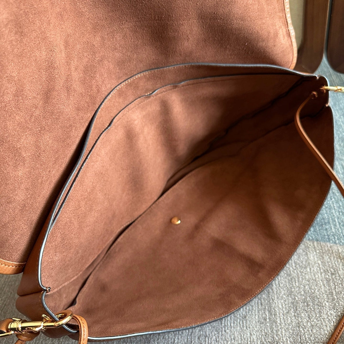 Celine 25S Halfmoon Soft Triomphe Bag 46mm in Tan Brown Supple Shiny Lambskin