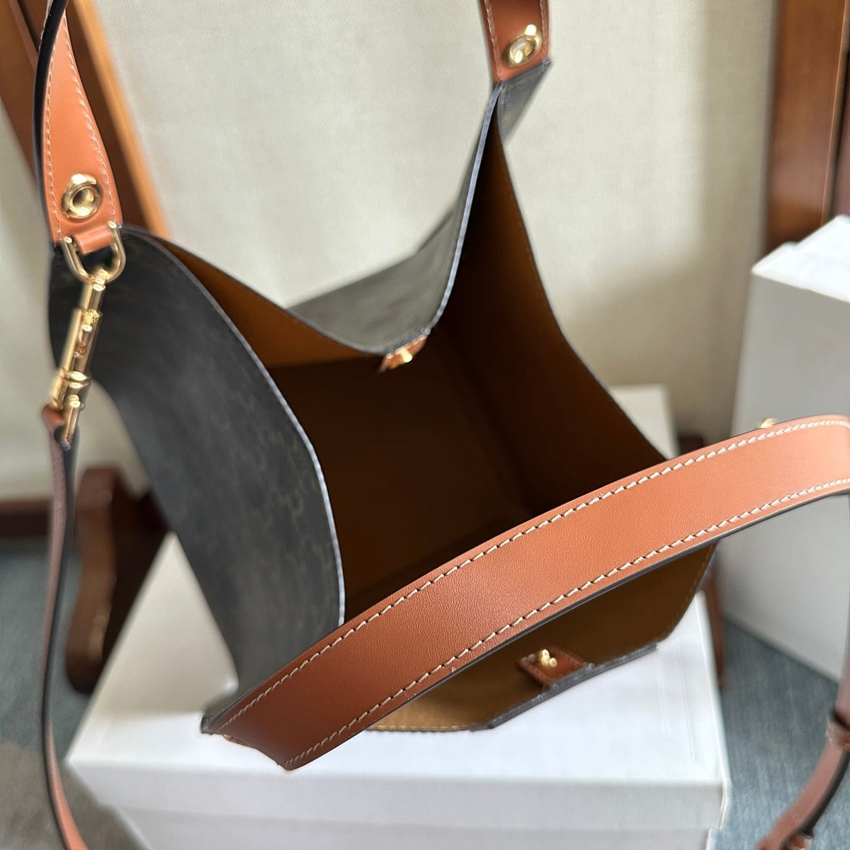 Celine 25S Cube Bag 18mm in Black Triomphe Canvas and Dark Borwn Calfskin