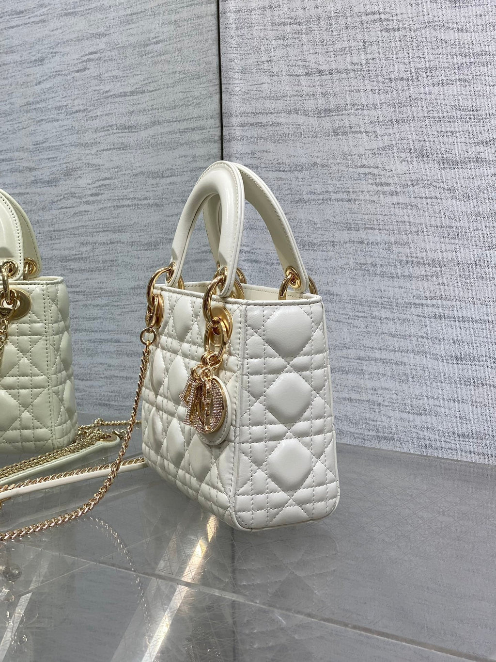Dior 25S Mini Lady Bag 17 in Ivory Calfskin Charm Crystal Embellishments