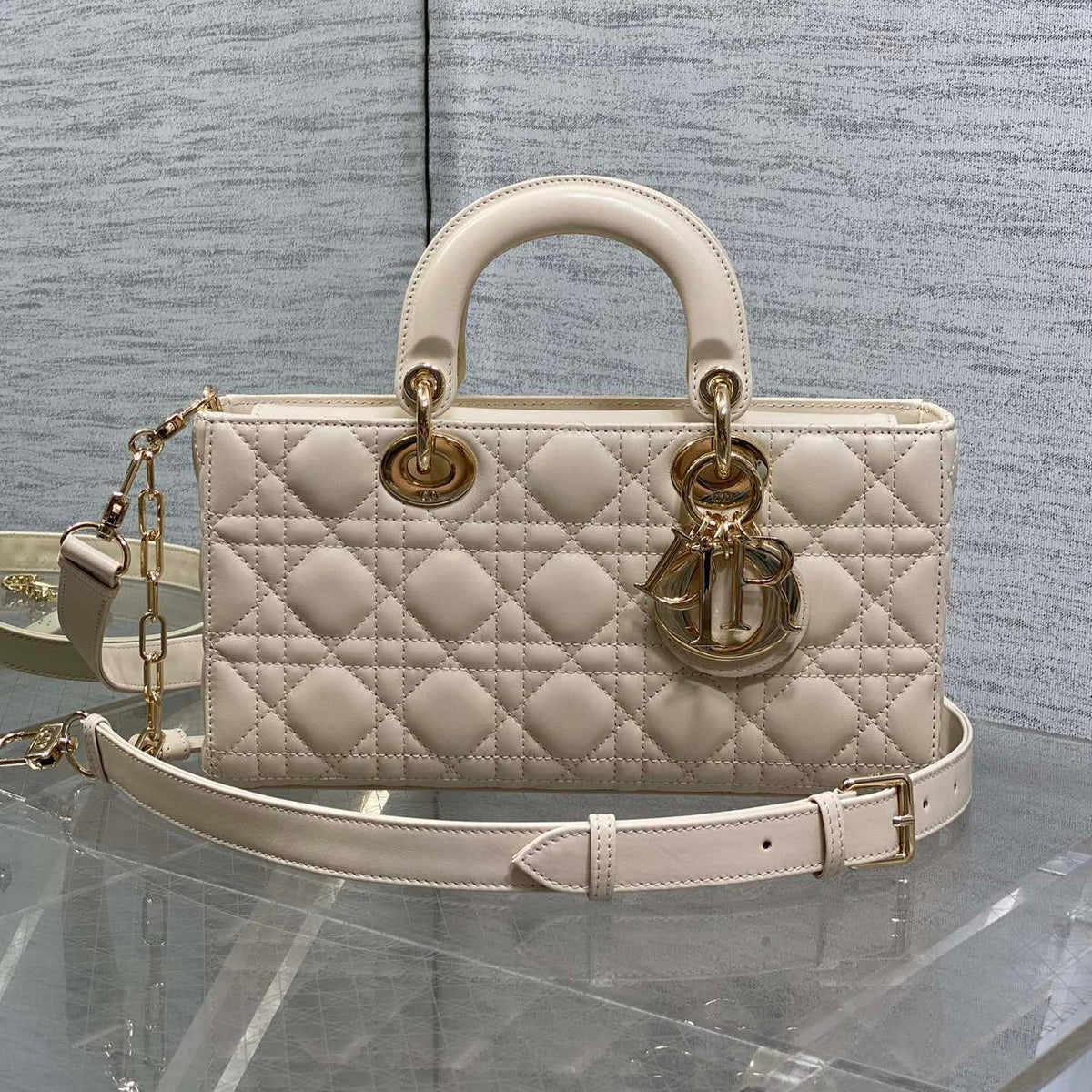 Dior 25S Medium Lady D-Joy 26 in Beige Lambskin Gold Hardware Bag
