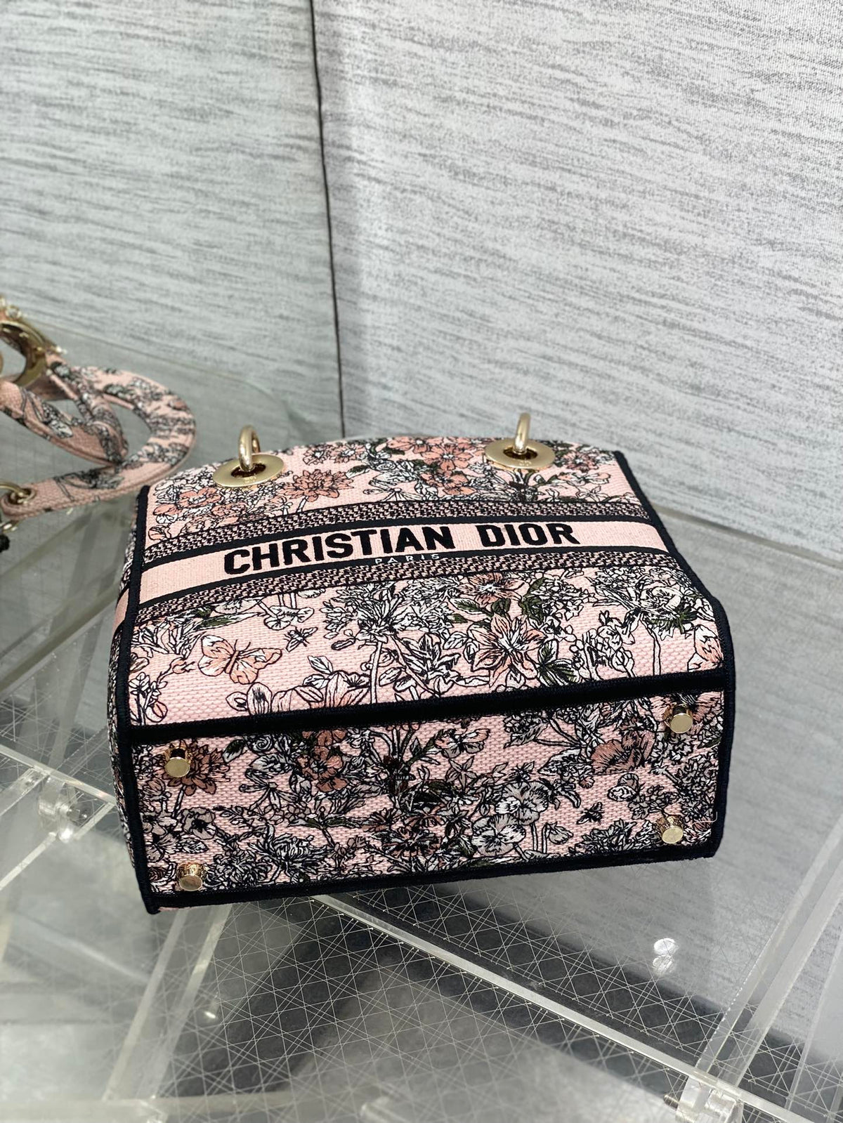 Dior 25S Small Lady D-Lite Bag 24 in Pink Flowers Calendar Allover Embroidery