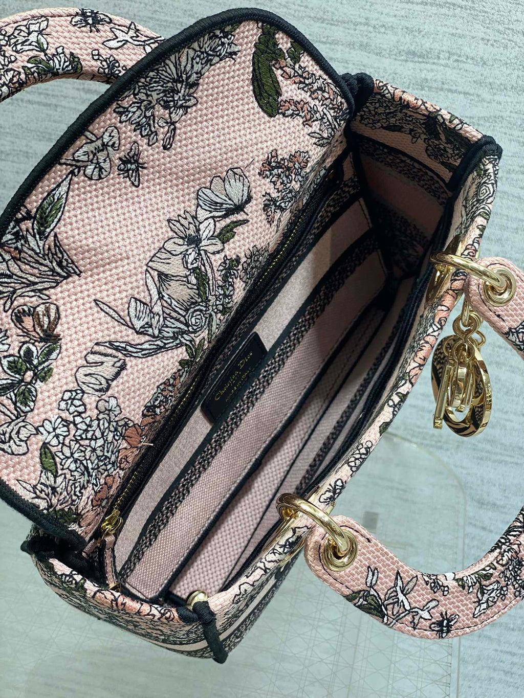 Dior 25S Small Lady D-Lite Bag 24 in Pink Flowers Calendar Allover Embroidery