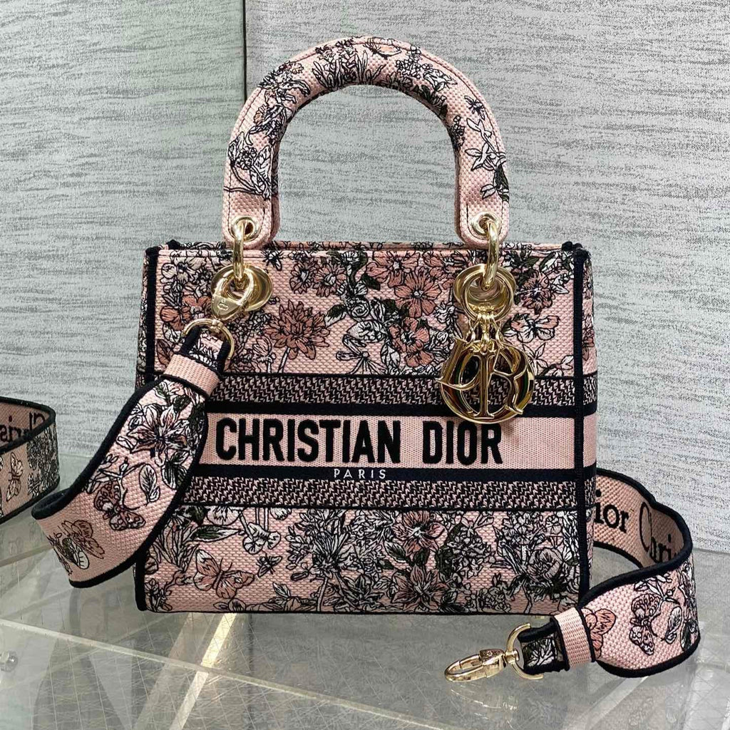 Dior 25S Small Lady D-Lite Bag 24 in Pink Flowers Calendar Allover Embroidery