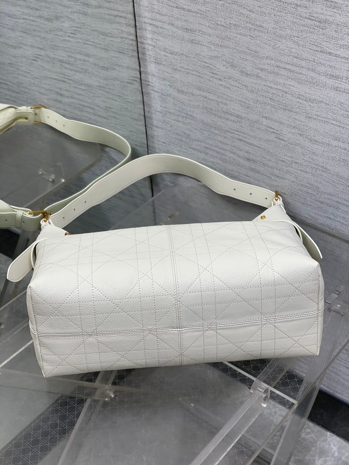 Dior 25S Voyage Bag 34 in Ivory Flat Macrocannage Grained Calfskin