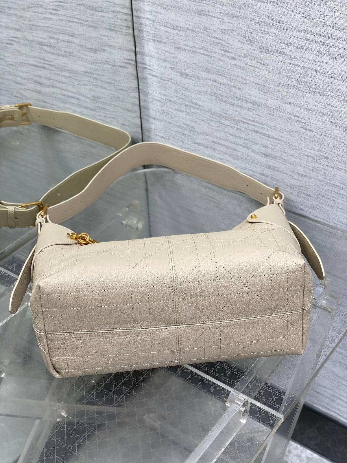 Dior 25S Medium Voyage Bag 28 in Powder Beige Flat Macrocannage Grained Calfskin