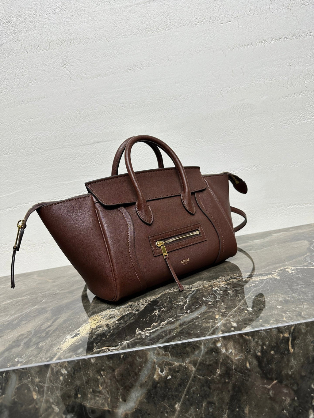 Celine 25S New Luggage 38mm in Chocolate Brown Shiny Lambskin Gold Hardware Bag