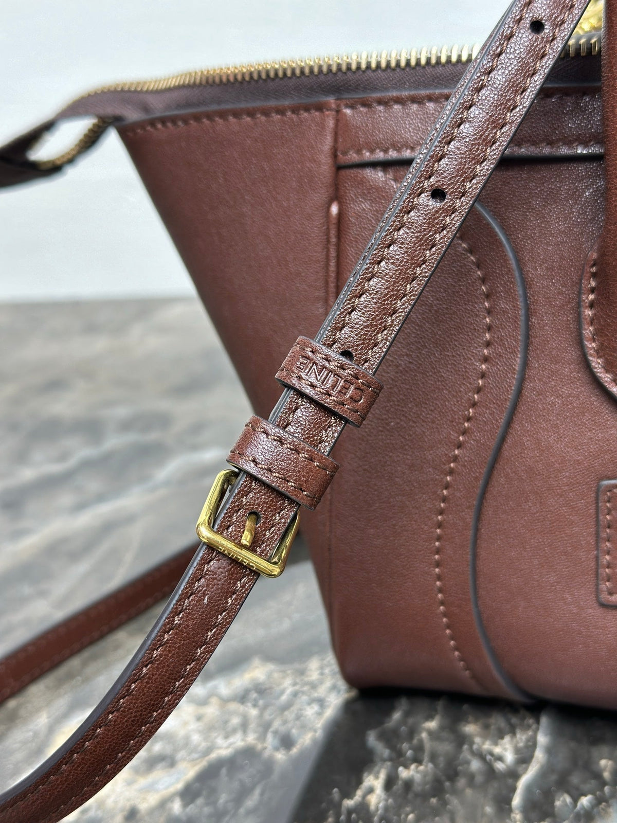 Celine 25S New Luggage 38mm in Chocolate Brown Shiny Lambskin Gold Hardware Bag