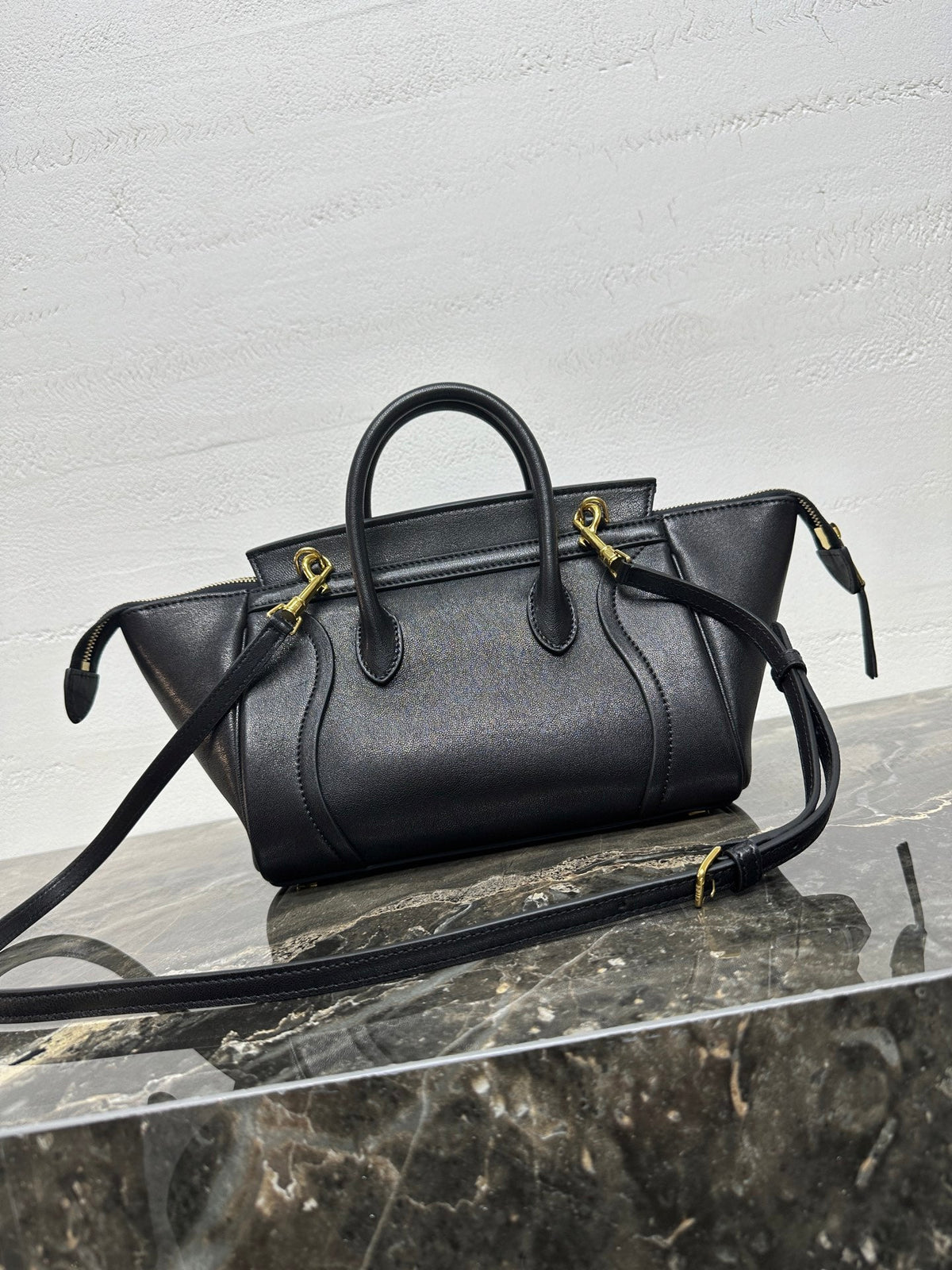 Celine 25S New Luggage 38mm in Black Shiny Lambskin Gold Hardware Bag