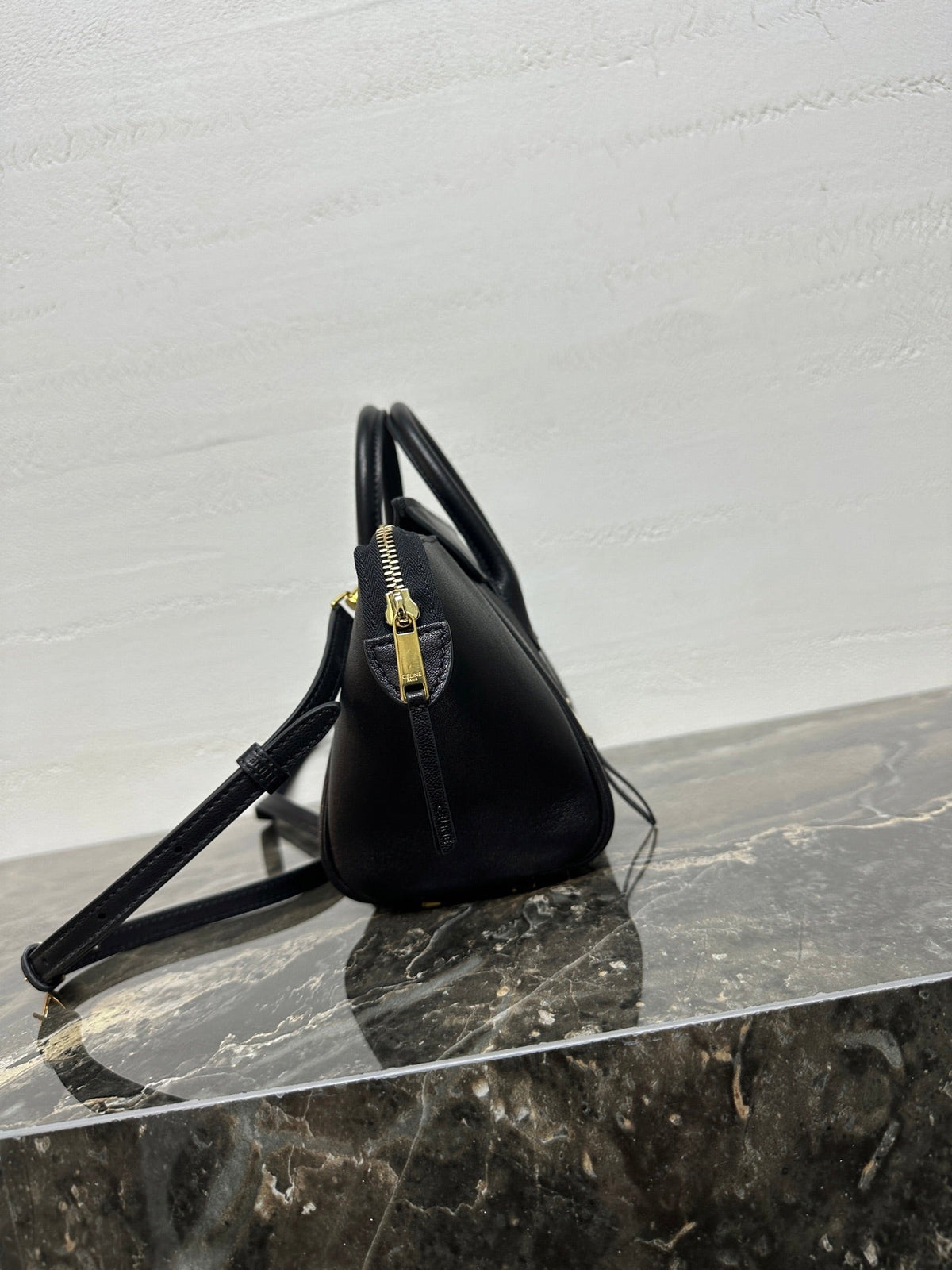 Celine 25S New Luggage 38mm in Black Shiny Lambskin Gold Hardware Bag