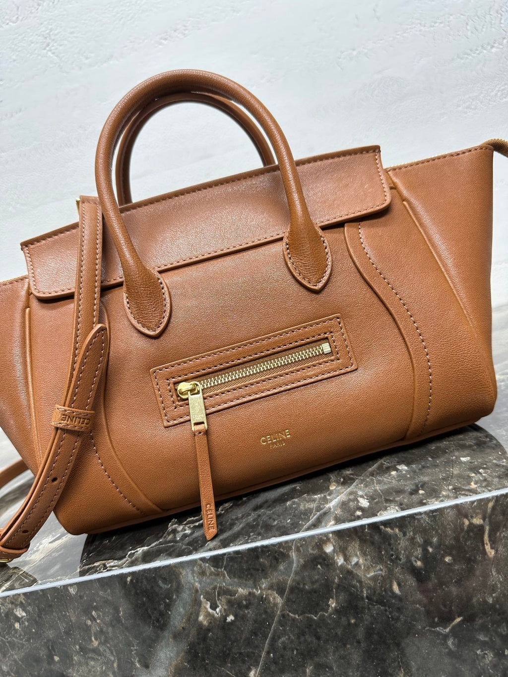 Celine 25S New Luggage 38mm in Tan Brown Lambskin Gold Hardware Bag