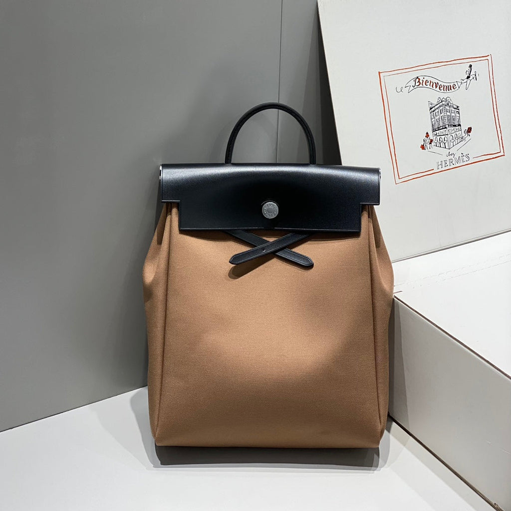 Hermes Herbag a Dos Zip Retourne Backpack 29 in Brown Canvas and Black Calfskin