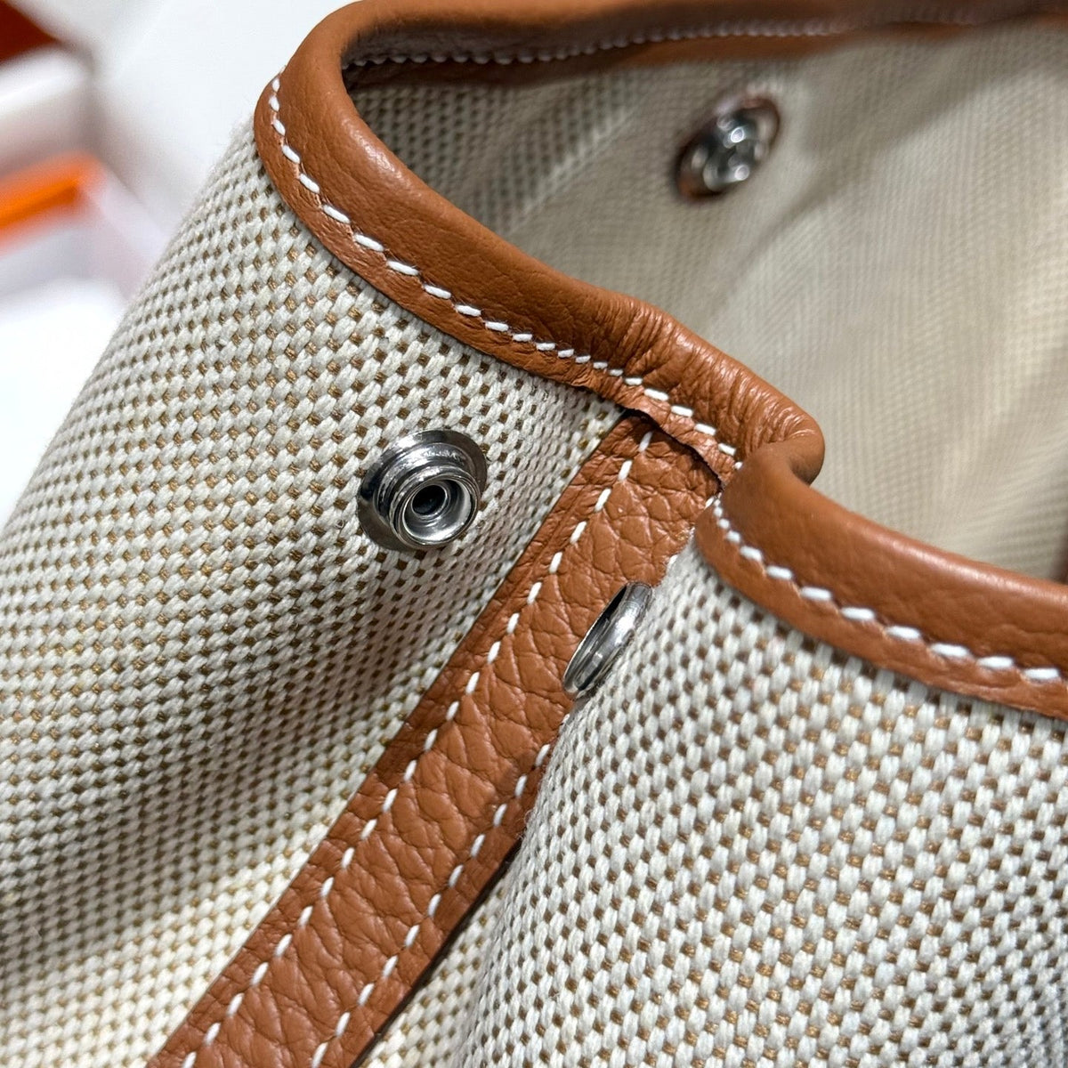 Hermes Garden Party 23cm in White Toilets Cotton Canvas and Brown Calfskin Bag
