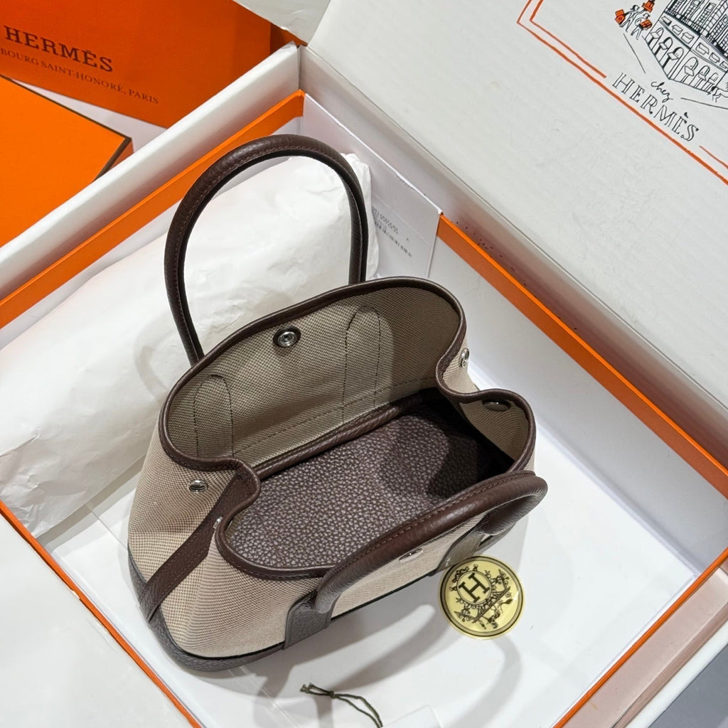Hermes Garden Party 23cm in Beige Toilets Cotton Canvas and Dark Brown Calfskin Bag