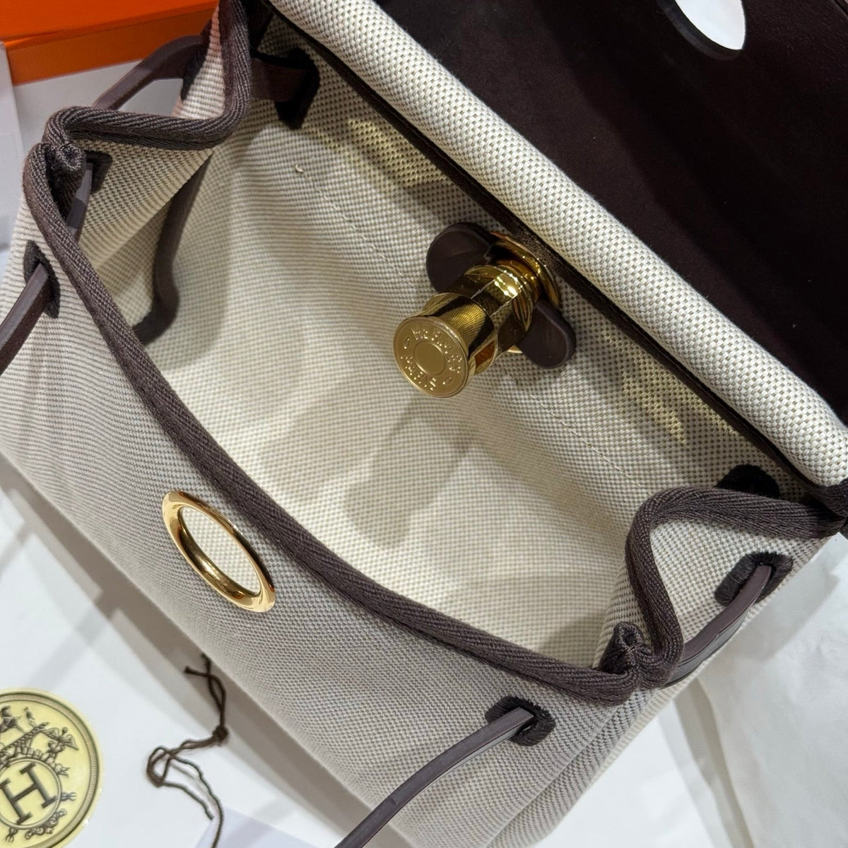 Hermes 25S Mini Herbag 20 in Off White and Black Canvas Gold Hardware Bag