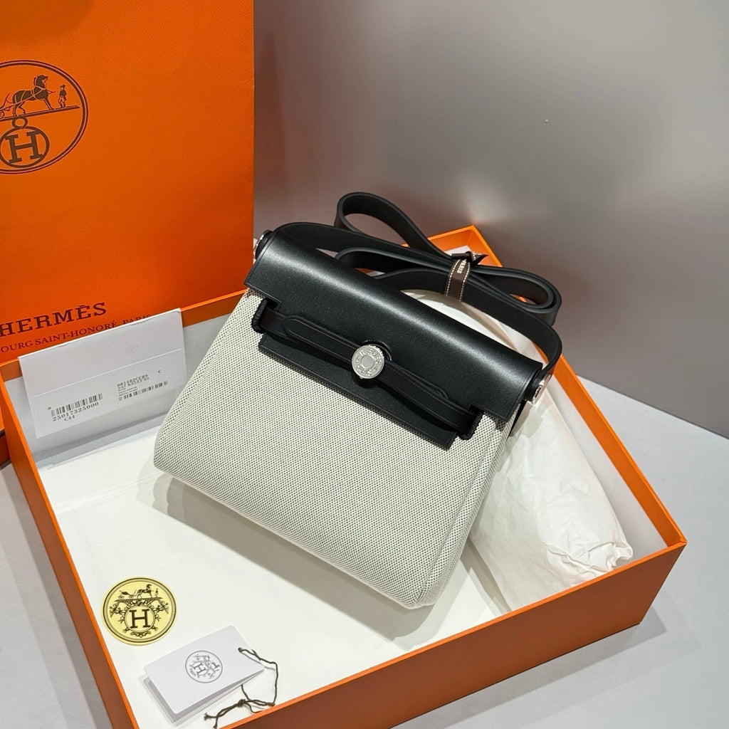 Hermes 25S Mini Herbag 20 in Sage Gray Canvas Silver Hardware Bag