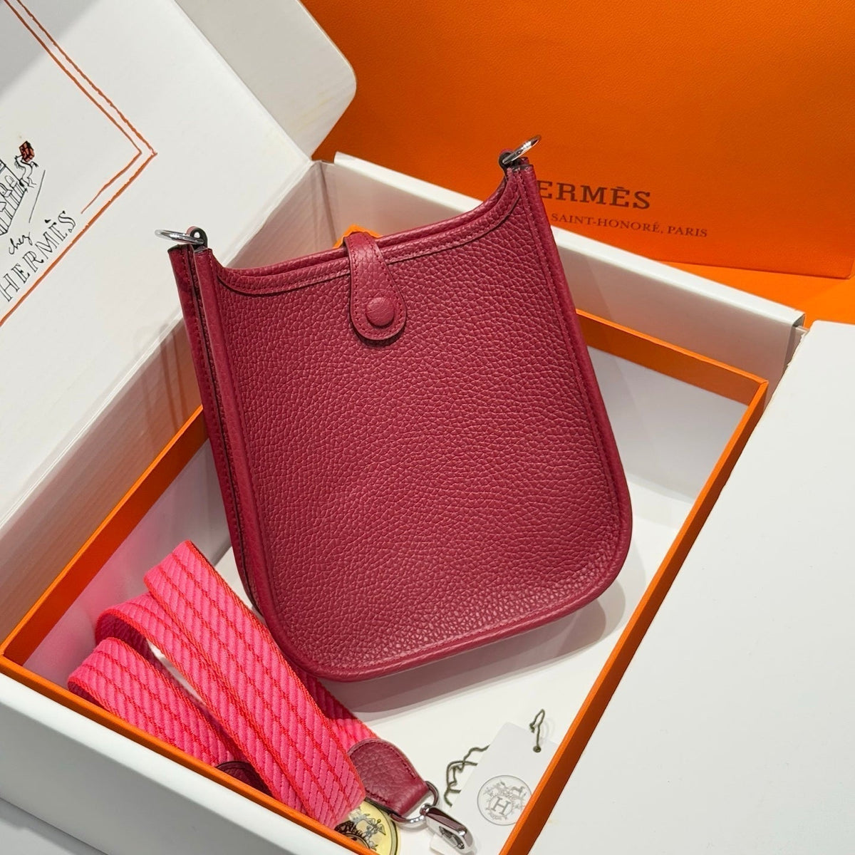 Hermes 25S Mini Evelyne 18 in Burgundy Patterned Strap Calfskin Silver Hardware Bag