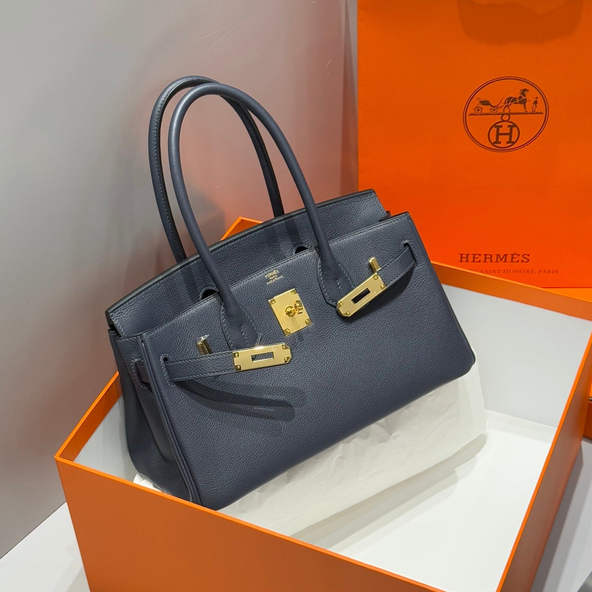 Hermes 25S Shoulder Birkin 29 in Midnight Blue Calfskin Gold Hardware Bag