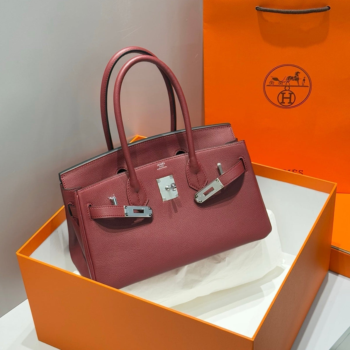 Hermes 25S Shoulder Birkin 29 in Burnt Red Calfskin Silver Hardware Bag