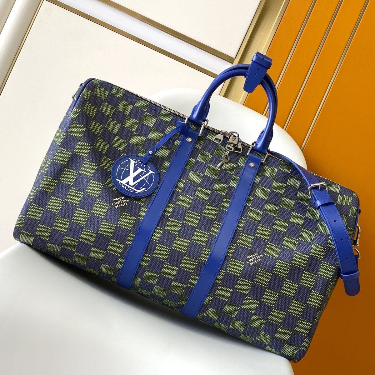 Louis Vuitton Keepall Bandoulière 50 in Blue Green Damier Heritage Coated Canvas Bag