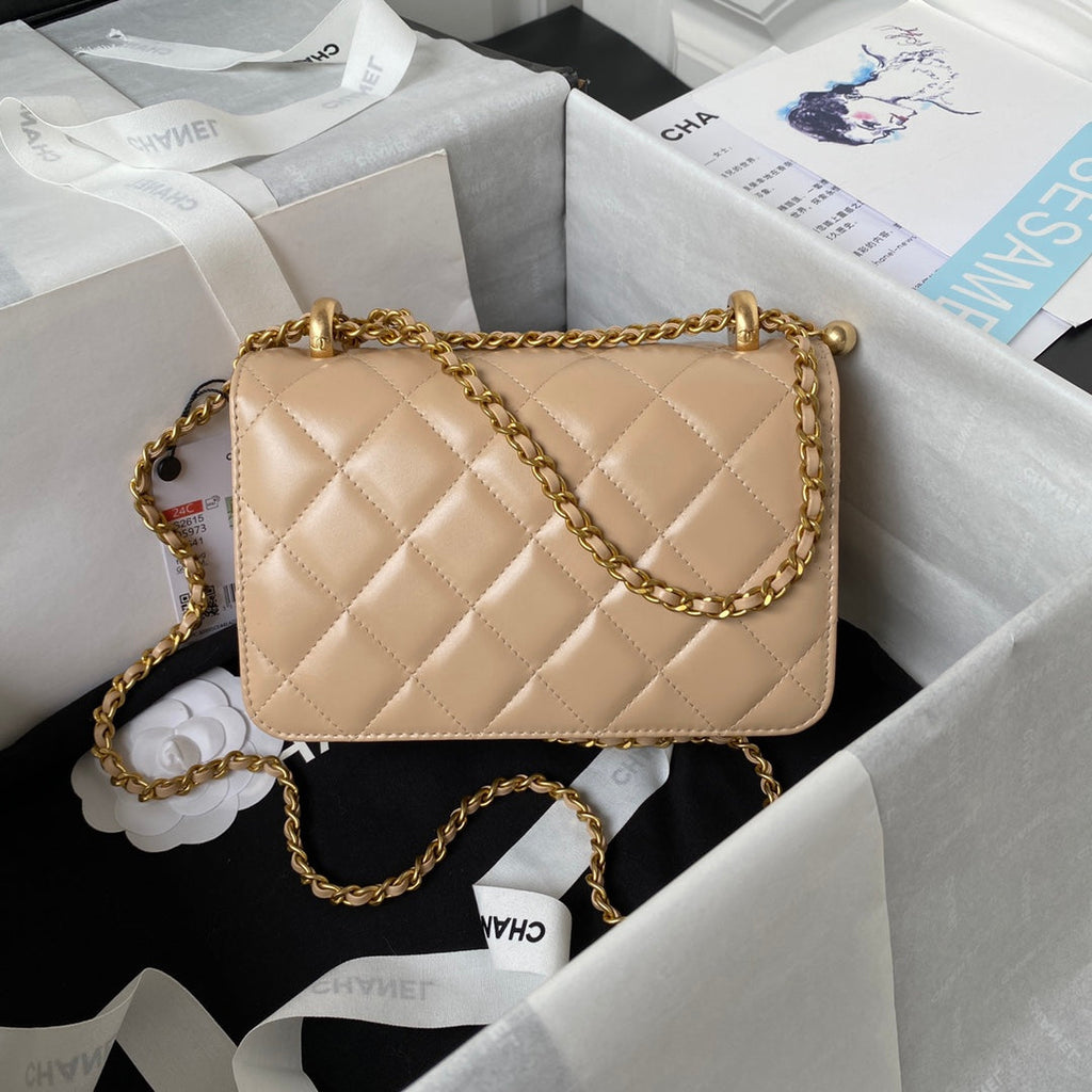 Chanel 25S Mini Flap Bag 19 in Tan Brown Calfskin Gold Hardware