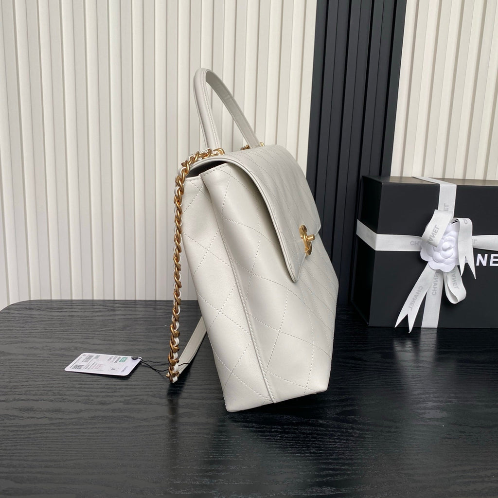 Chanel 25S Top Handle Shoulder Bag 37 in Cream White Calfskin with Gold Hardware