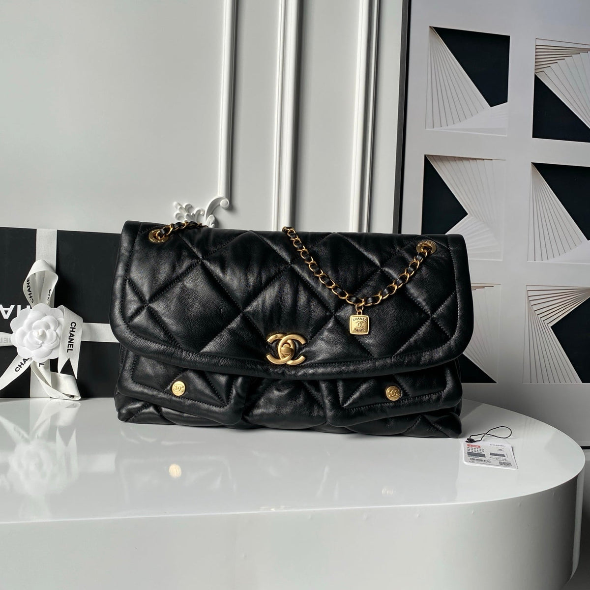 Chanel 25S Flap Bag 45 in Black Lambskin with Gold Hardware