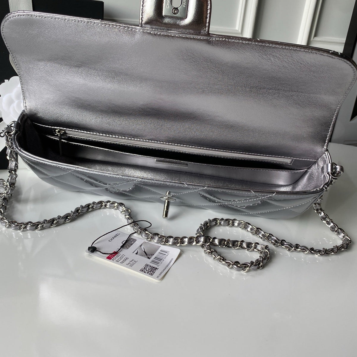 Chanel 25S Flap Bag 29 in Silver Metallic Calfskin