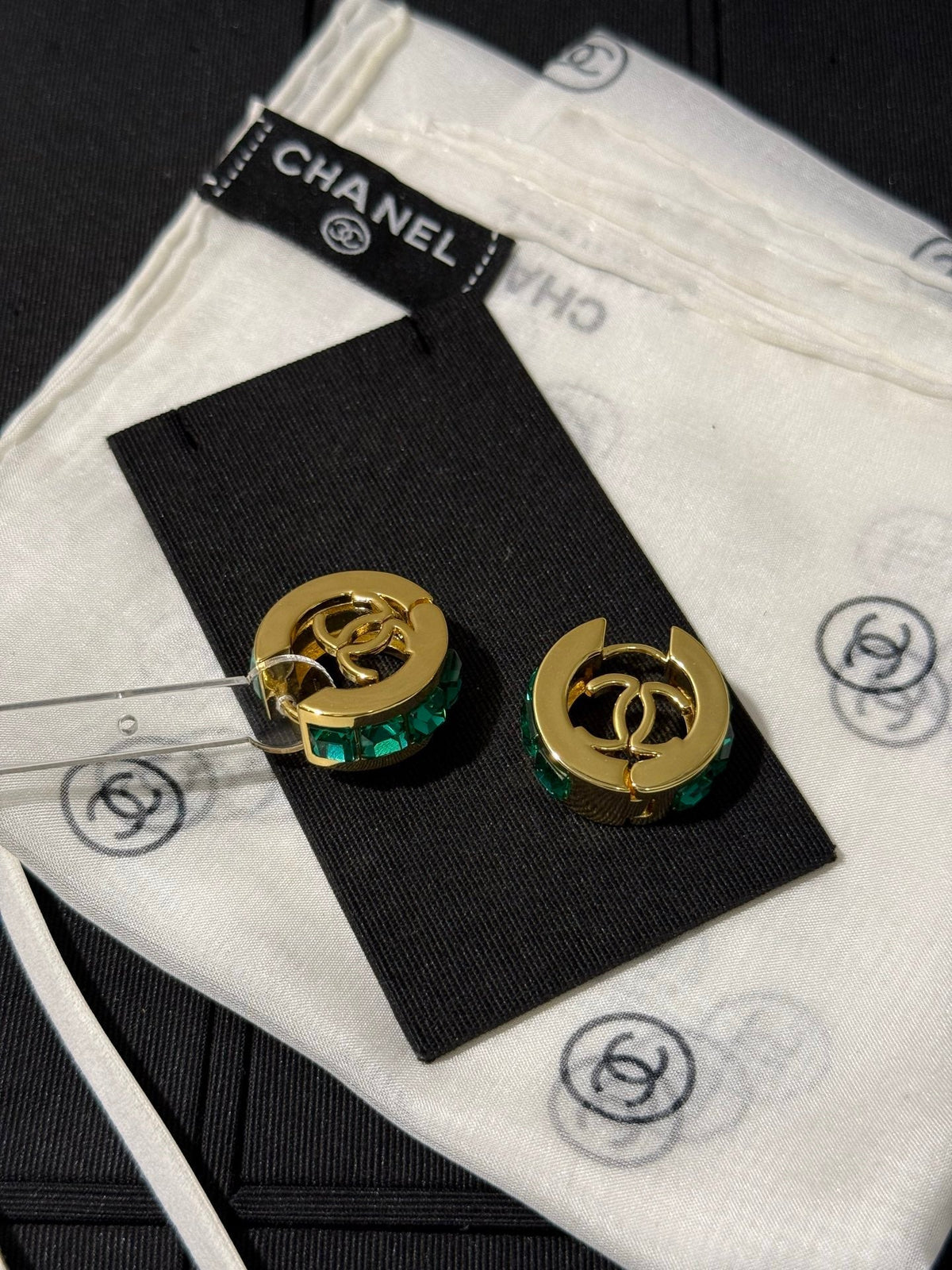 Chanel 2026 Emerald Square Diamond Gold Double C Hoop Stud Earrings