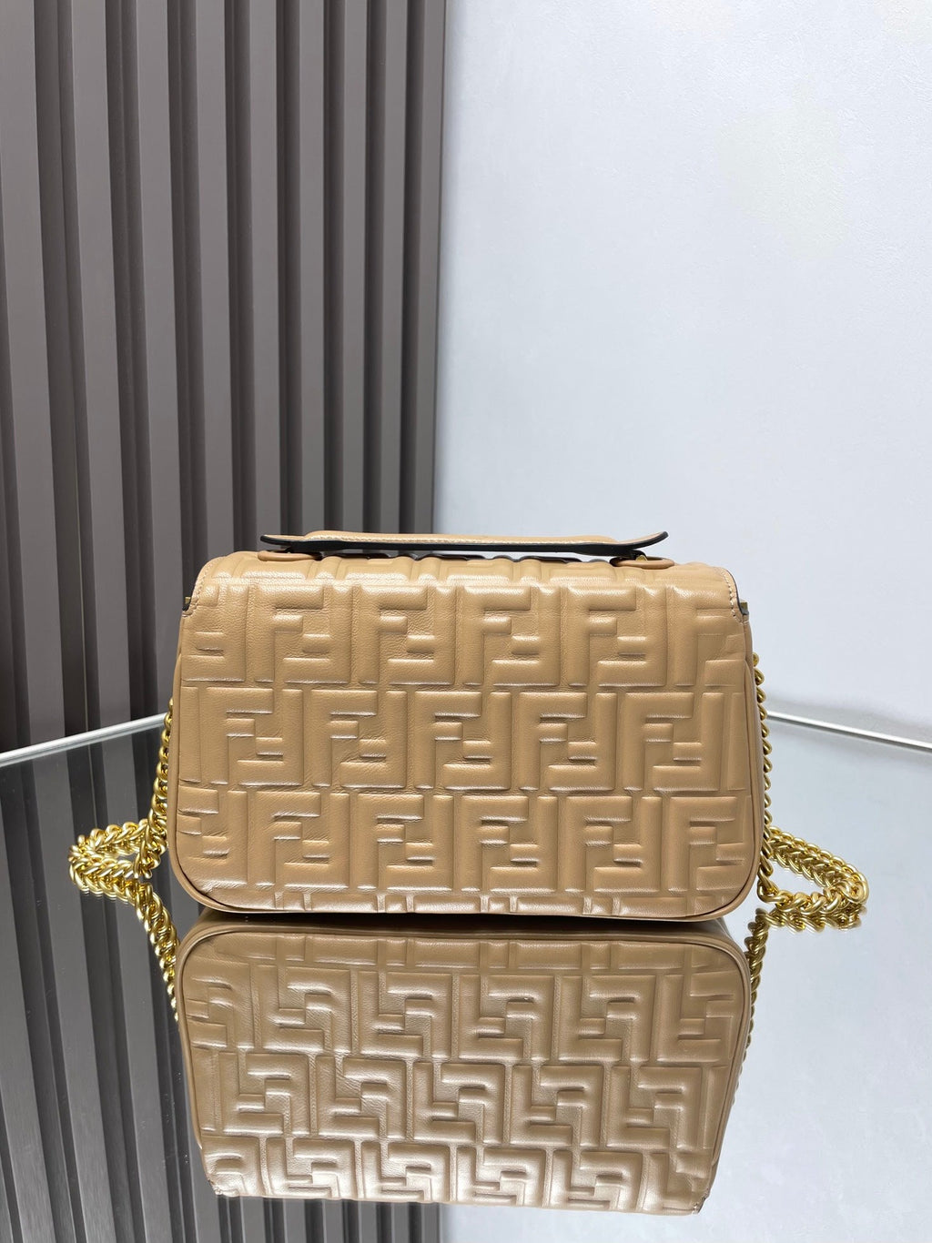 Fend Baguette 24 Bag with Ff Motif Beige Leather Ghw